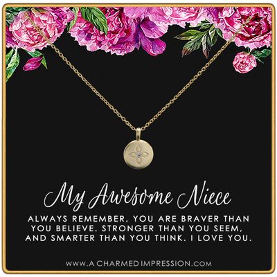 Awesome Niece Gifts  Niece Necklace  Christmas Birthday Gift for Girls  Sterling Silver  Heart Charm Necklace  Gifts for Niece Jewelry  Braver Stronger Smarter - Lotus Charm Necklace 14k Gold