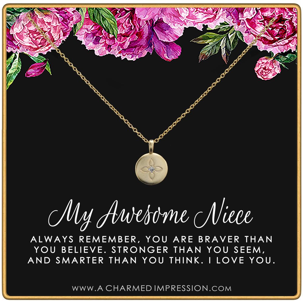 Awesome Niece Gifts  Niece Necklace  Christmas Birthday Gift for Girls  Sterling Silver  Heart Charm Necklace  Gifts for Niece Jewelry  Braver Stronger Smarter - Lotus Charm Necklace 14k Gold