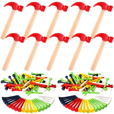 AIHSUMC 10 Pcs Kids Wooden Hammer Toy with 100 Pcs Colorful Wood Golf Tees, Small Plastic Hammer Simulation Hammers Educational Toys for Children Gift Birthday Party Halloween (Red)