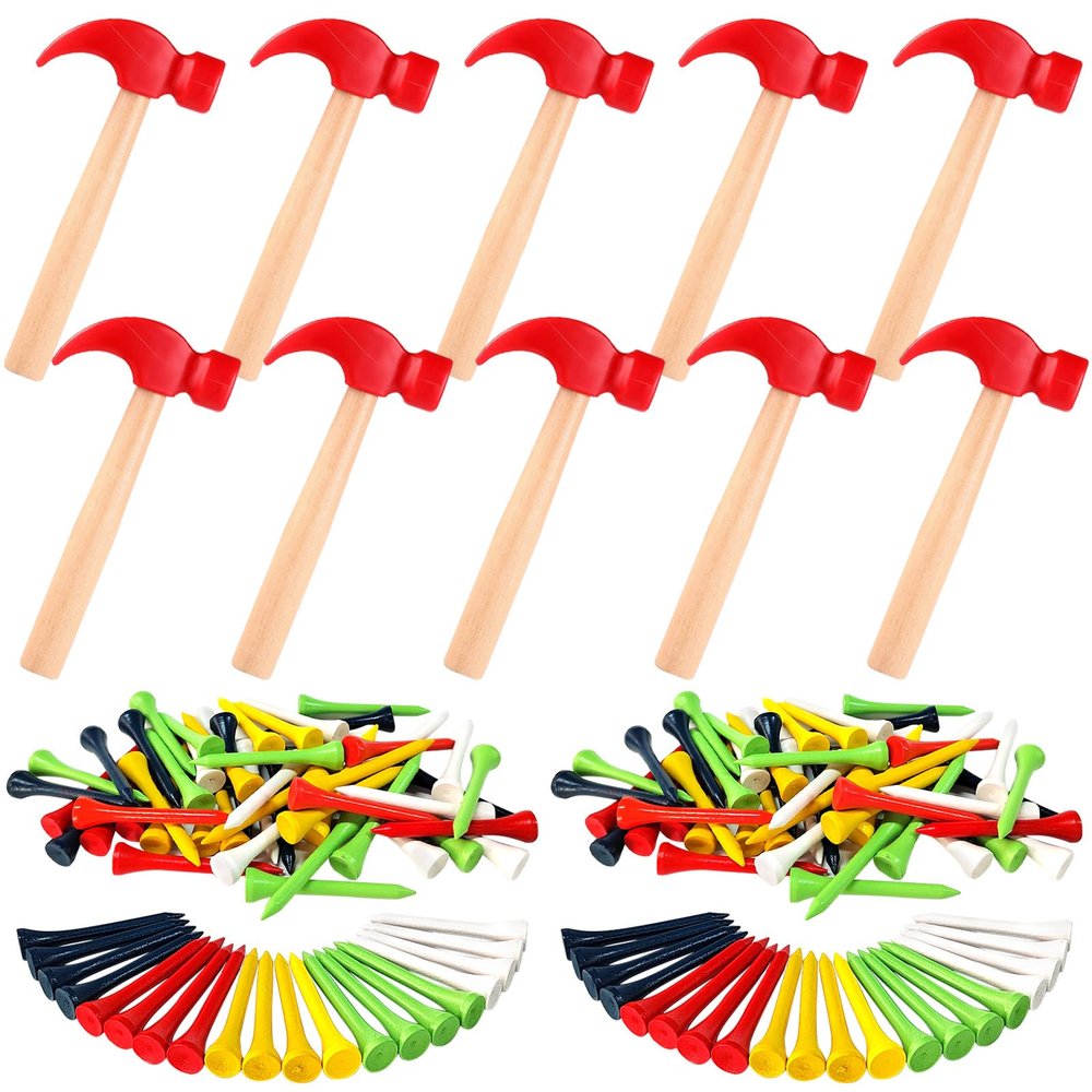 AIHSUMC 10 Pcs Kids Wooden Hammer Toy with 100 Pcs Colorful Wood Golf Tees, Small Plastic Hammer Simulation Hammers Educational Toys for Children Gift Birthday Party Halloween (Red)