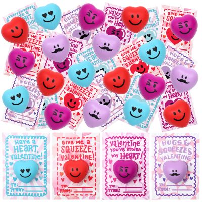 28 Packs Heart Shape Stress Balls with Cards for Kids and Adults Valentine Party Favors, 4 Colors Heart Shaped Balls with 4 Styles Cards for Classroom Prize Supplies and Valentine Exchange Gifts