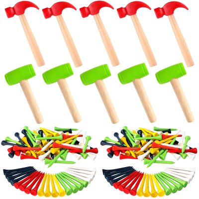 AIHSUMC 10 Pcs Kids Wooden Hammer Toy with 100 Pcs Colorful Wood Golf Tees, Small Plastic Hammer Simulation Hammers Educational Toys for Children Gift Birthday Party (Red and Green)