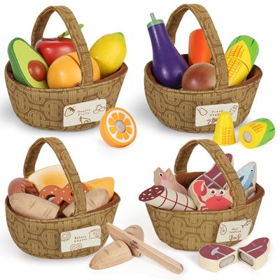 Lehoo Castle Wooden Play Food Set, Toy Food for Toddlers, Pretend Play Kitchen Accessories, Cutting Fruits and Vegetables Montessori Sorting Toys for Kids 3-5 Girls Boys