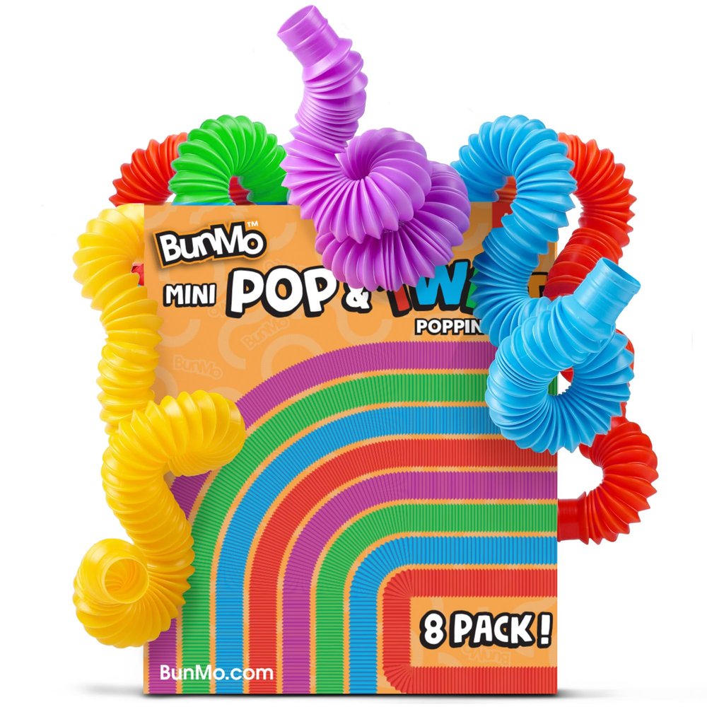 BUNMO Easter Basket Stuffers for Toddler - Pop Tubes - Sensory Fidget Toys - Creative Learning - Hours of Fun for Kids - Easter Toys - Tons of Ways to Play - Non-Mouthable 3+ - 8 Pack Small