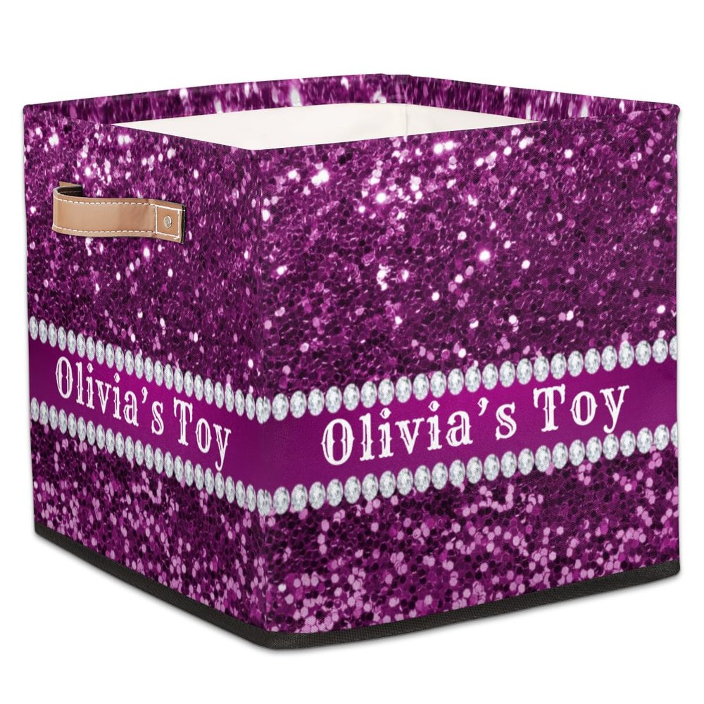 RIRIX Personalized Storage Bins Custom Storage Baskets Basket Boxes with PU Leather Handles for Clothes Bedroom Closet Organizing Toys Books Shelves Storage Boxes-Purple Glitter
