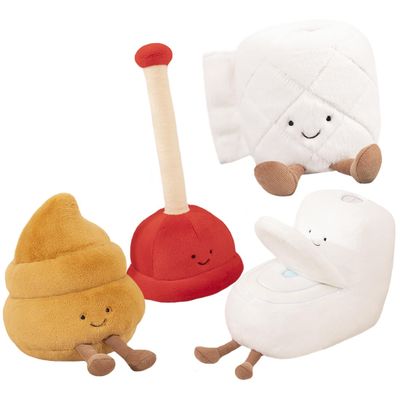 ELAINREN 4PCS Washroom Pretend Play Set-Stuffed Toilet Plunger-Toilet Bowl Models - Plush Toilet Paper and Plushie Poop