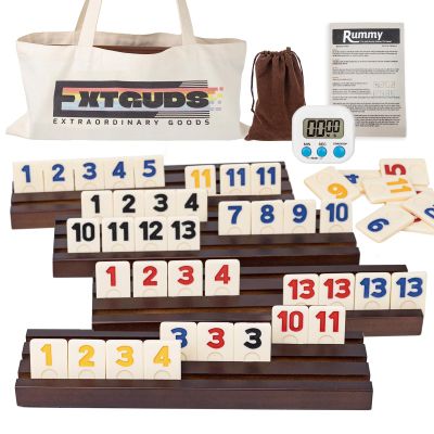 2-4 Player Rummy Cube Game Set, with 4 Wooden Racks/Trays, 106 Large Tiles Rummy Cube Game Set with Canvas Bag, Rummy Tiles Travel Set with 4 Tiles Holders for Classic and Funny Party Games,for Adults