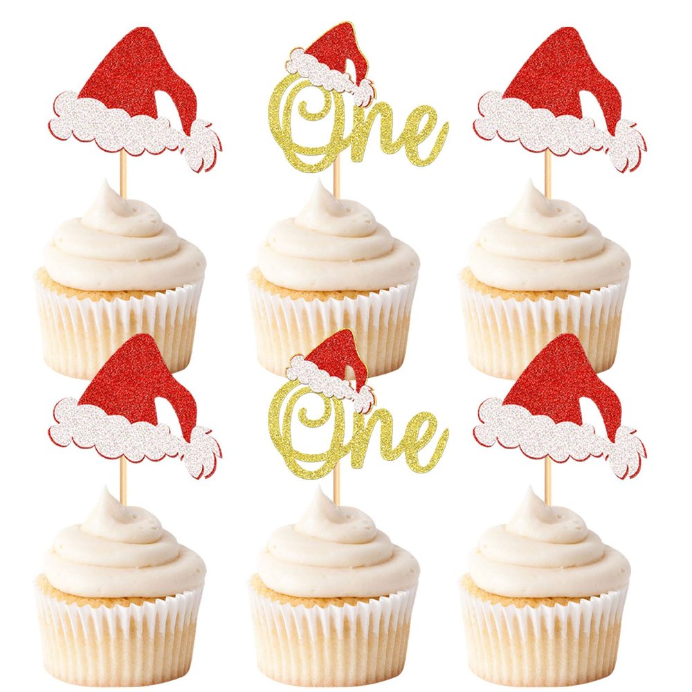 24Pcs Christmas One Cupcake Toppers Christmas Hat Cupcake Picks