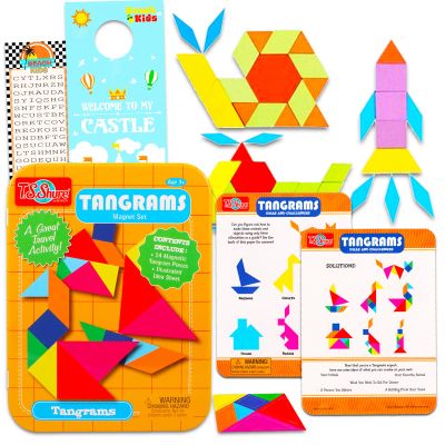 14 Pc Magnetic Tangram Puzzle Set - 360 Different Pattern Block Combinations | Mini Tangram Bundle Learning Play Set for Kids with Beach Kids Bookmark