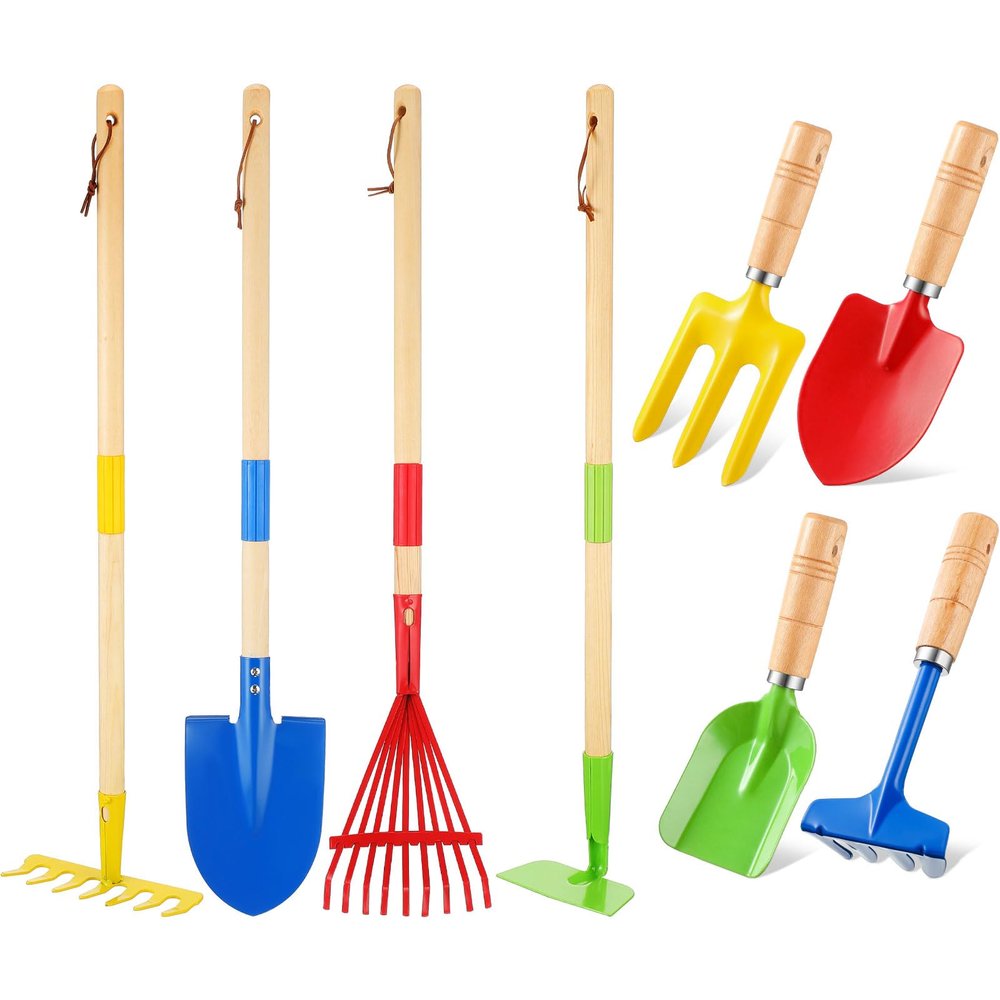 Motionchic 16 Pcs Kids Gardening Tools, Long Shovel, Rake for Leaves, Spade, Hoe, Steel Heads and Real Wood Handle, Yard Tools for Children Toddlers Gifts