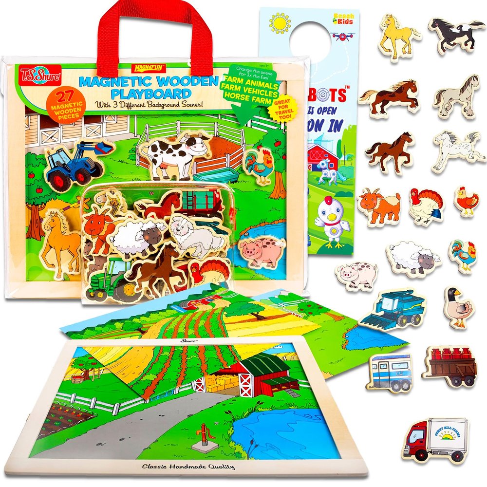Farm Animals Life Magnetic Play Board for Kids - Bundle with Montessori Magnetic Playset Including Cows, Goats, Pigs, Horses and Vehicles | Wooden Magnetic Toy for Boys and Girls