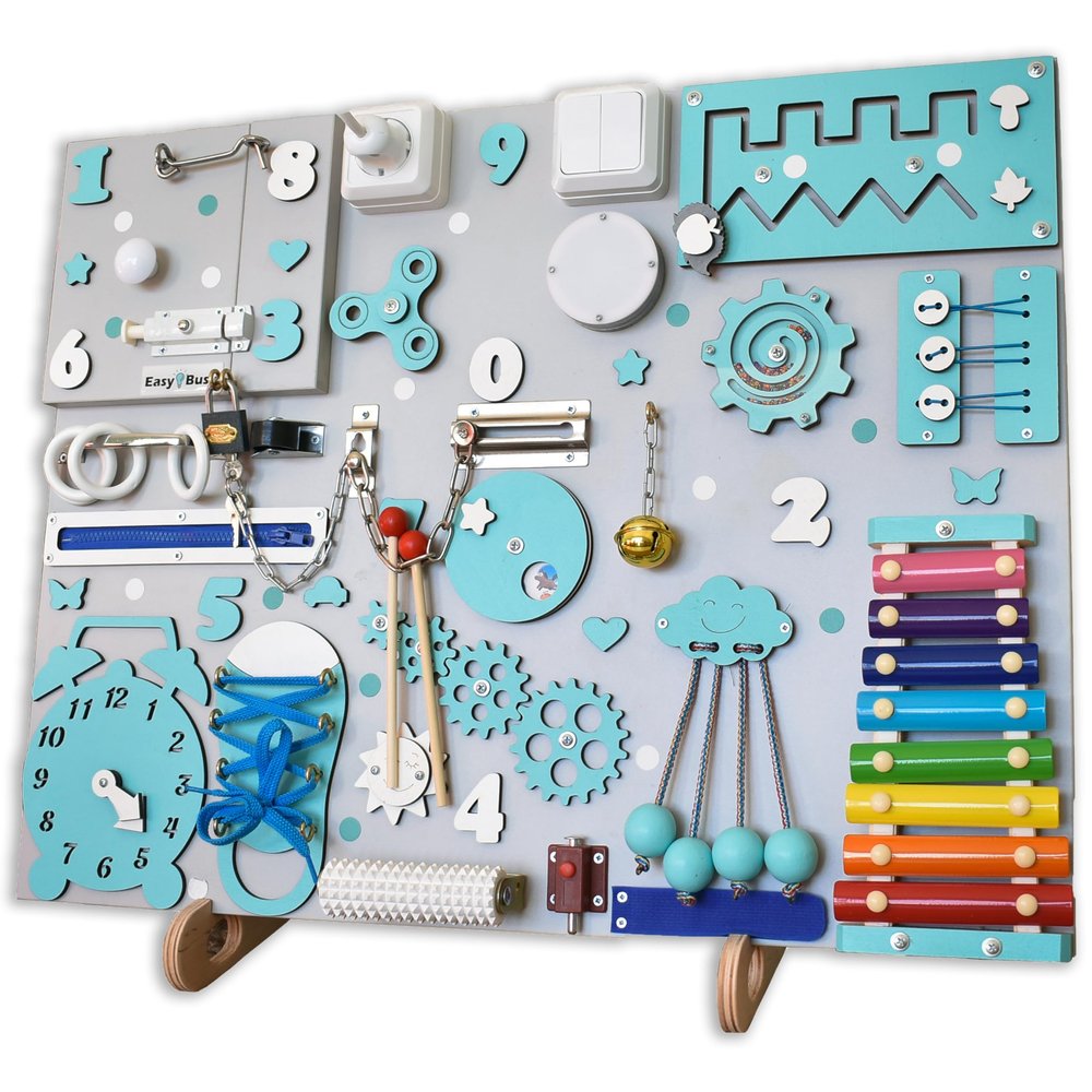 Baby Big Busy Board Montessori Toy for Toddler 1 2 3 Year Old Girl Boy First Birthday Gift Personalized Sensory Activity Fidget Boards (With stand)