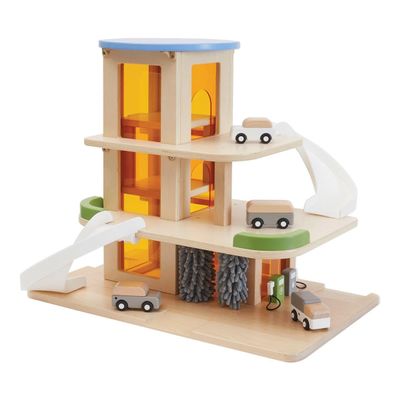 Kaplan Early Learning Wooden Parking Garage - Features Car Wash, Gas Pump, Charging Stations, Ramps, and Elevator - Enhance Block Play and Encourage Dramatic Play for Toddlers and Kids, Ages 3+