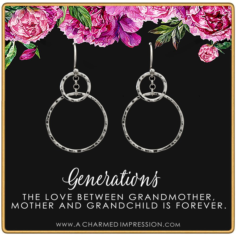 Three Generations Earrings  Best Grandma Gifts  Grandmother, Mother, Grandchild Gifts for Mothers Day Jewelry Birthday  Hammered Rings Earrings Silver