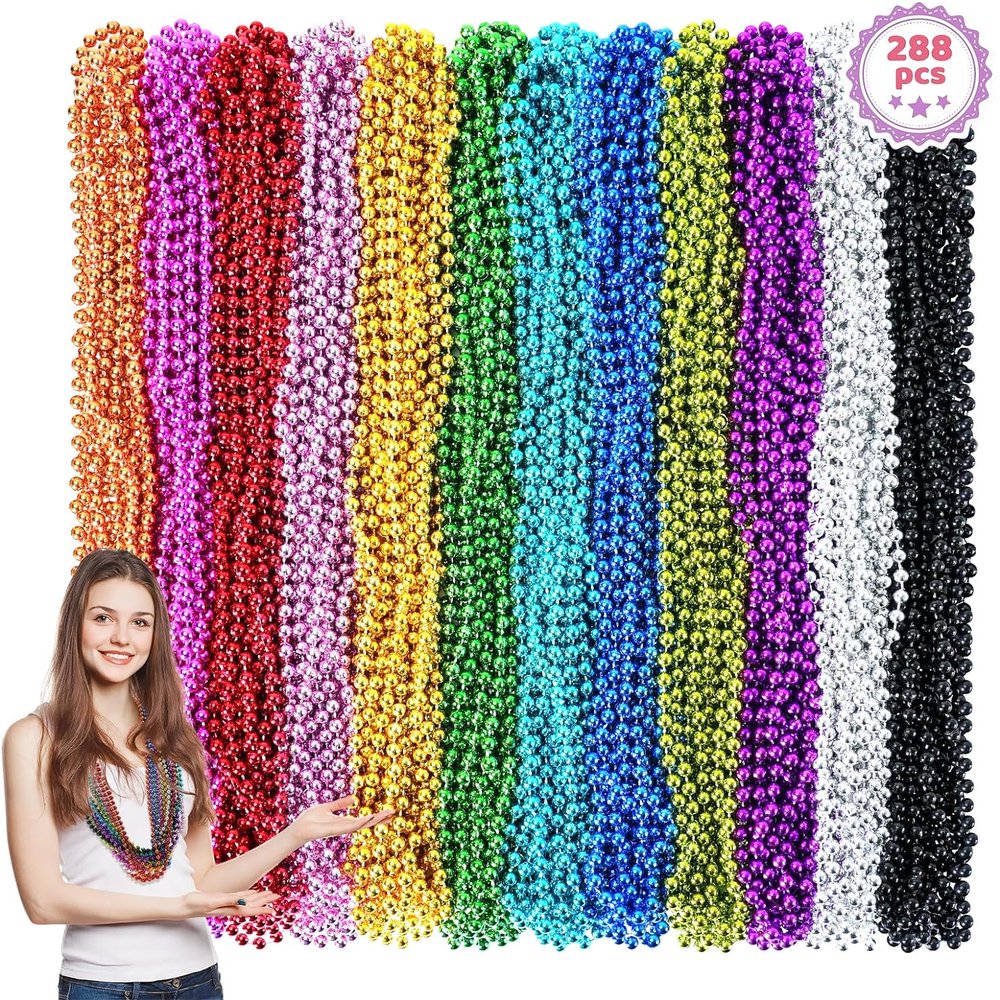 288PCS Mardi Gras Beads, 12 Colors Mardi Gras Beads Bulk, 33'' 7mm Mardi Gras Beads Necklaces, Metallic Beaded Necklaces for Party Costume Matching, Mardi Gras Parades Throw, Dress-up Events