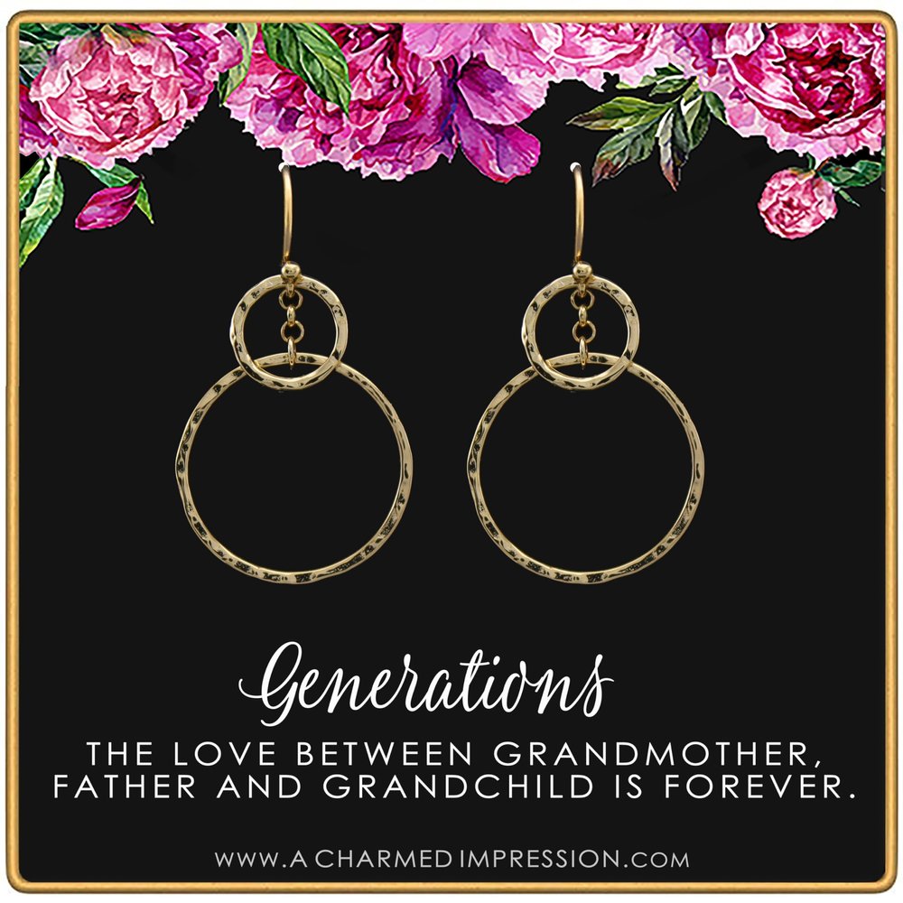 Three Generations Earrings  Best Grandma Gifts  Grandmother, Father, Grandchild Gifts for Mothers Day Jewelry Birthday  Hammered Rings Earrings 14k Gold