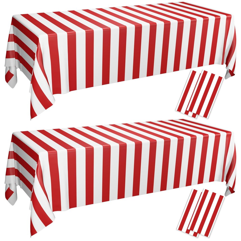 12 Pcs Carnival Tablecloths, Red and White Stripe Tablecloths, Red Plastic Table Cover, Circus Theme Party Decorations for Carnival, Movie Night, Kid's Birthday, Christmas (12, Red, 51'' x 86'')