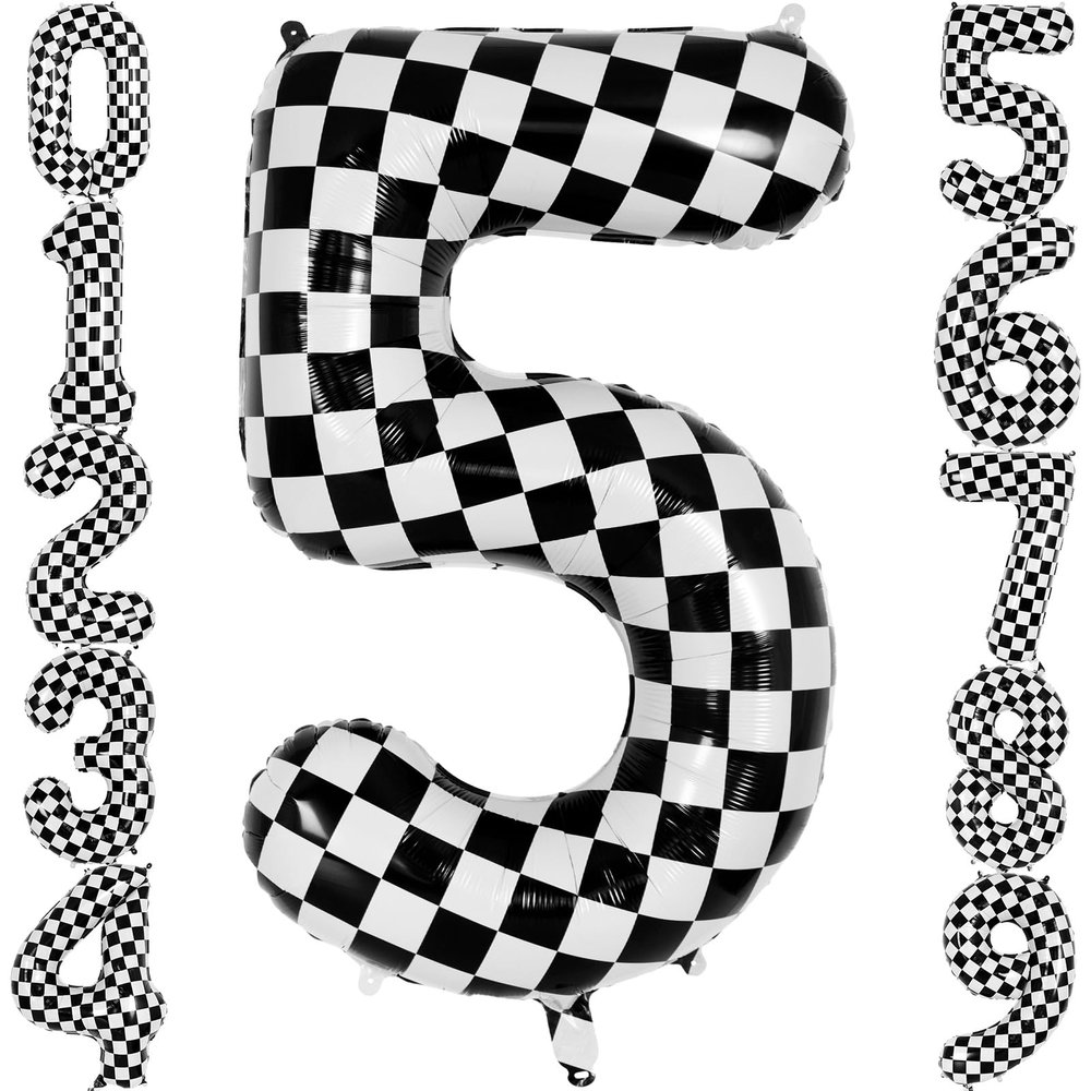 Checkered Number 5 Balloon 40 Inch, Large Foil Black and White Number Balloons, Big Mylar Number 5 Balloons for Two Fast Race Car 5 Year Old Birthday Party Decorations Supplies