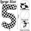 Checkered Number 5 Balloon 40 Inch, Large Foil Black and White Number Balloons, Big Mylar Number 5 Balloons for Two Fast Race Car 5 Year Old Birthday Party Decorations Supplies view 3
