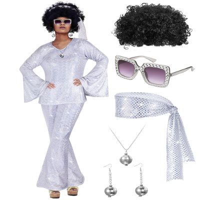 Jexine 70s Women Disco Outfit Costume Disco Party Top Pants Sunglasses Ball Necklace Earring Wig for Halloween New Year Eve(White,X-Large)
