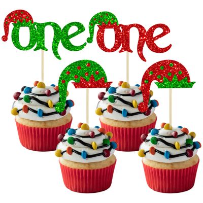 24Pcs Christmas Elf One Cupcake Toppers Glitter Elf Hat Baby Shower First Birthday Cupcake Picks for Christmas Elf Theme Baby Shower Kids 1st Birthday Party Cake Decorations Supplies