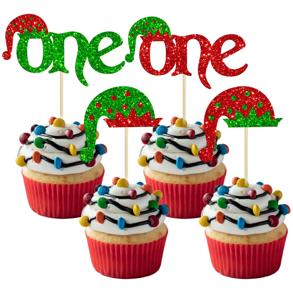 24Pcs Christmas Elf One Cupcake Toppers Glitter Elf Hat Baby Shower First Birthday Cupcake Picks for Christmas Elf Theme Baby Shower Kids 1st Birthday Party Cake Decorations Supplies