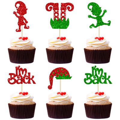 24Pcs Christmas Elf Cupcake Toppers Glitter I'm Back Santa Hat Cupcake Picks Xmas Elf Legs Cake Decorations for Merry Christmas New Year Holiday Baby Shower Birthday Party Supplies