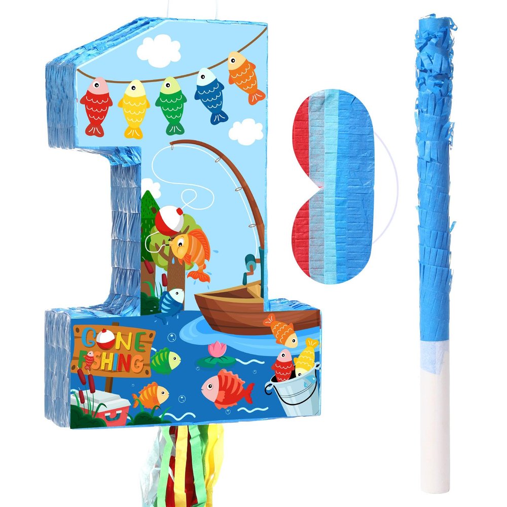 Aoriher Gone Fishing Piata Ofishally One Birthday Game Set Summer Fishman Piata Little Fisherman 1st Decoration with Bat Stick for Girl Boy Birthday Gone Fishing Theme Party Supplies Game Decoration