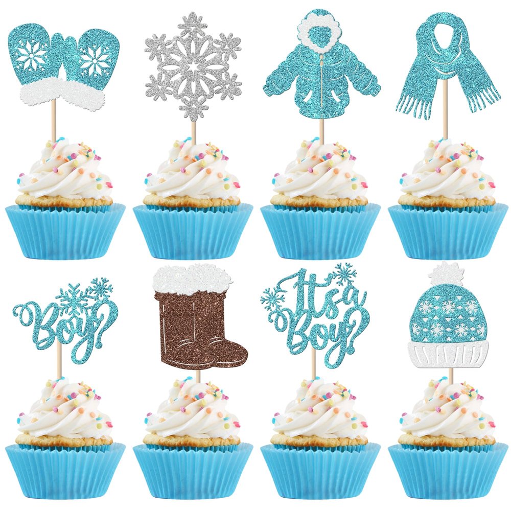 Rsstarxi 24 Pack It's a Boy Snowflake Cupcake Toppers Glitter Winter Frozen Baby Boy Gloves Hats Boots Cupcake Picks for Winter Onederland Baby Shower Birthday Party Cake Decorations