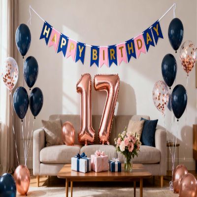 17th Birthday Party Decorations Navy Blue Rose Gold for Girls Boys, Birthday Banner Number 17 Foil Balloons Latex Confetti Balloon for Her Him Daughter Son 17 Years Old Birthday Supplies(17th)