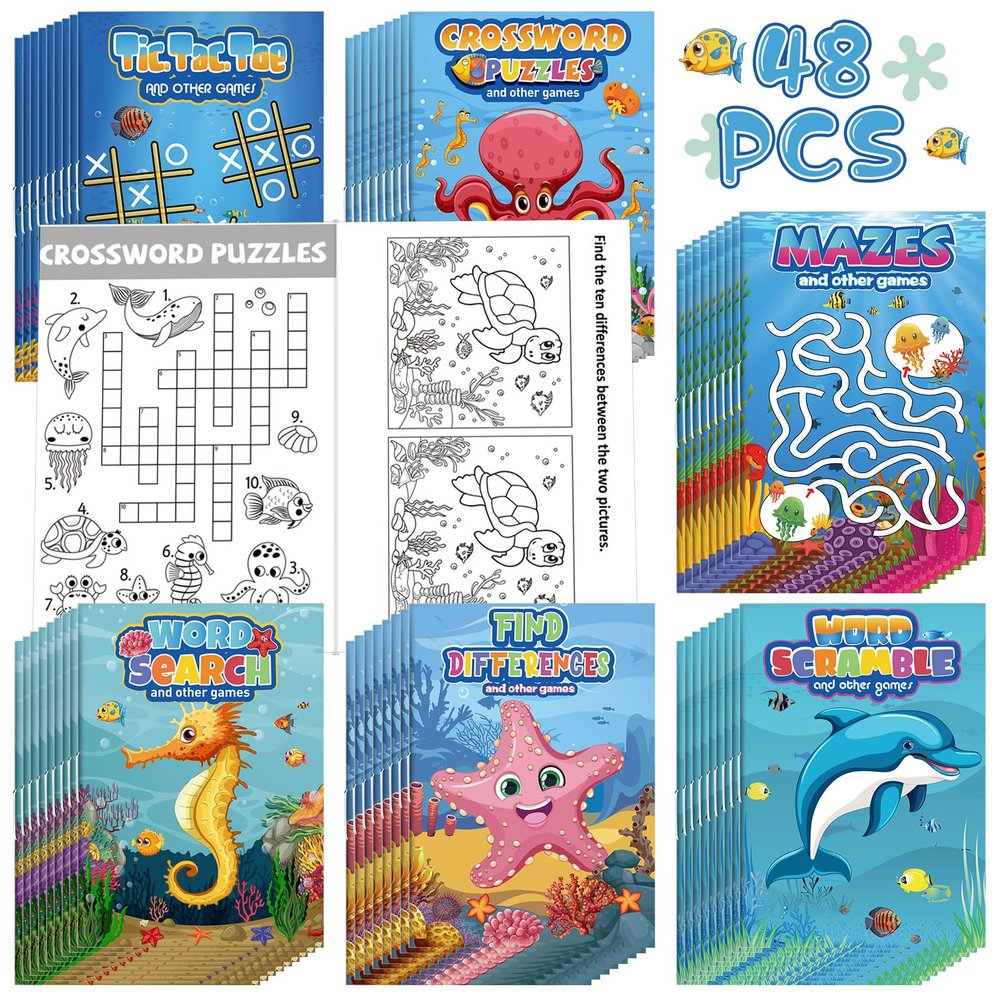 Hungdao 48 Pcs Mini Activity Books, Mini Fun Games Challenging Activities, Mazes, Word Search, Word Scramble, Find Difference and More for Party Gifts Bag(Ocean Animals)