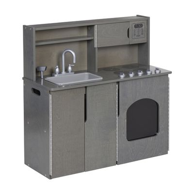 ECR4Kids 4-in-1 Kitchen, Sink, Stove, Oven, Microwave and Storage, Play Kitchen, Grey Wash