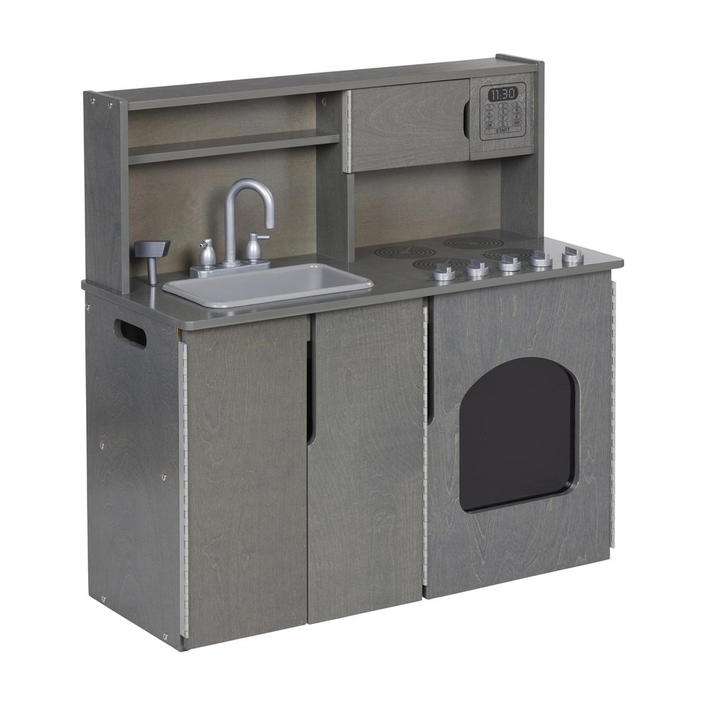 ECR4Kids 4-in-1 Kitchen, Sink, Stove, Oven, Microwave and Storage, Play Kitchen, Grey Wash