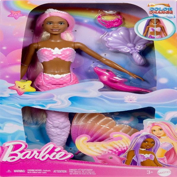 Barbie Mermaid Doll, Brooklyn with Pink Hair, Styling Accessories, Pet Dolphin and Water-Activated Color Change Feature, HRP98