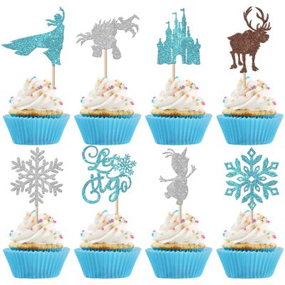 24 Pack Snowflake Cupcake Toppers Glitter Princess Deer Castles Snowflake Cupcake Picks for Winter Wonderland Snow Theme Birthday Christmas castles Party Cake Decorations Supplies