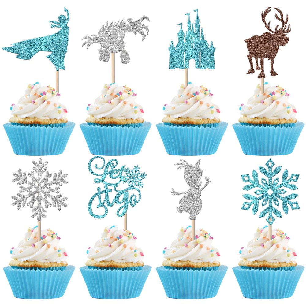 24 Pack Snowflake Cupcake Toppers Glitter Princess Deer Castles Snowflake Cupcake Picks for Winter Wonderland Snow Theme Birthday Christmas castles Party Cake Decorations Supplies