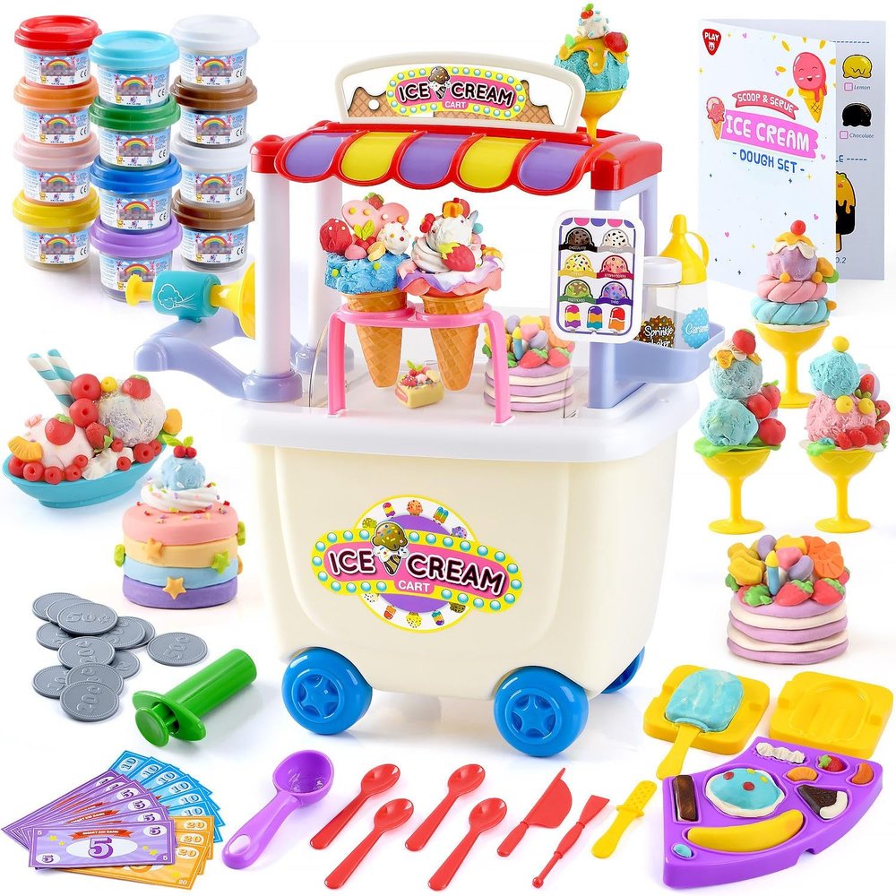 PLAY Ice Cream Cart Toys for Kids - Color Dough Sets for Kids Ages 4-8 with 12 Cans, Pretend Play Toy Ice Cream Shop Counter Playset for Girls Boys Gifts
