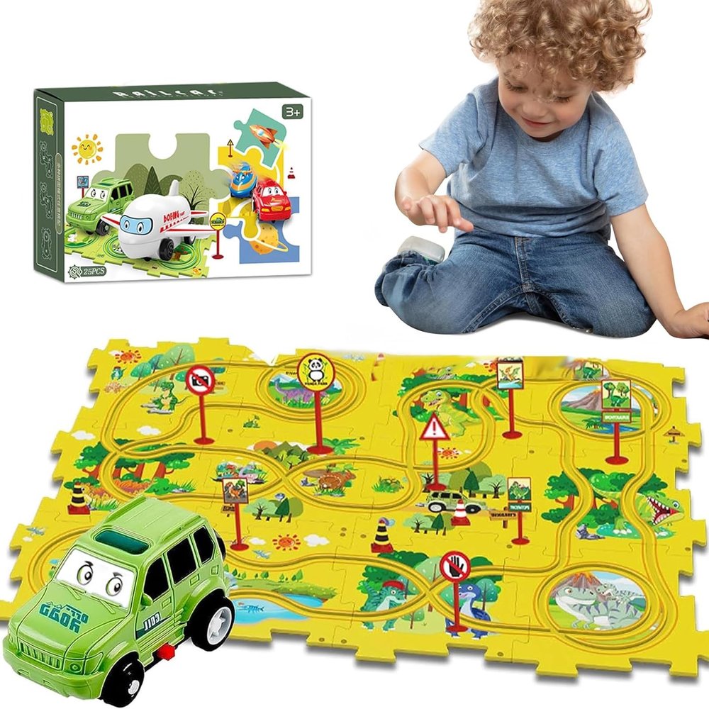 Christmas Stocking Stuffer 25PCS Puzzle Racer Kids Car Track Set, Dinosaur Puzzle Racer Car Track Set Puzzle Track Car Play Set Preschool Gifts for Kids Christmas Birthday Gift for Boys Girls
