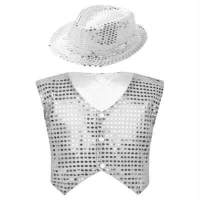 YOOJOO Kids Boys Girls Sequins Jacket Shirt Vest Waistcoat Hip-hop Jazz Dance Performance Christmas Costume with Hat White 5-6 Years