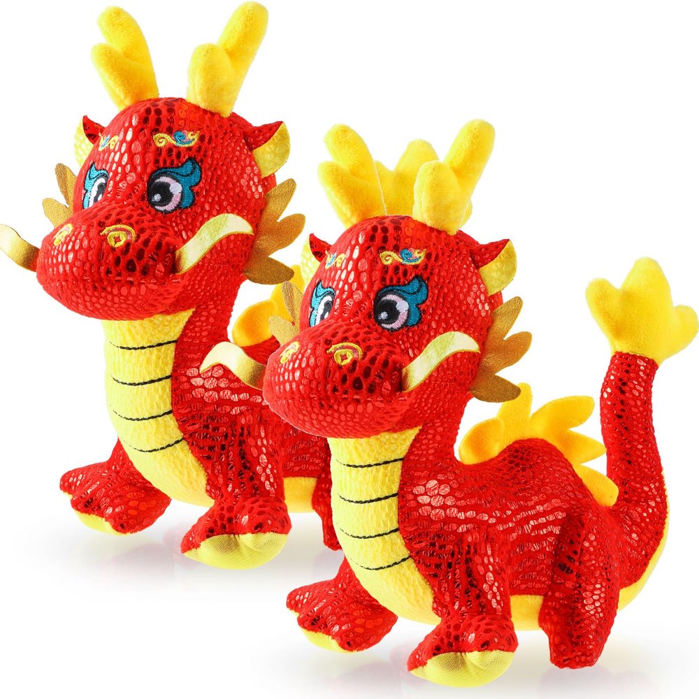 2 Pcs Chinese Dragon Plush 2025 Year of The Dragon Stuffed Animal Plush Chinese New Year Plush Decoration Mascot Doll Plushies for Spring Festival Bedtime Gift Bed Rest Chair Table Decoration(Lucky)