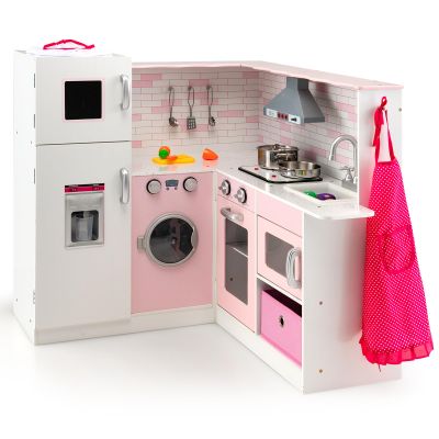 OLAKIDS Kids Corner Kitchen Playset, Pink Wooden Play Kitchen for Toddlers with Lights and Sounds, Washing Machine Range Hood Ice Maker Cookware Apron Hat, Pretend Play Toys Cooking Gift for Girls