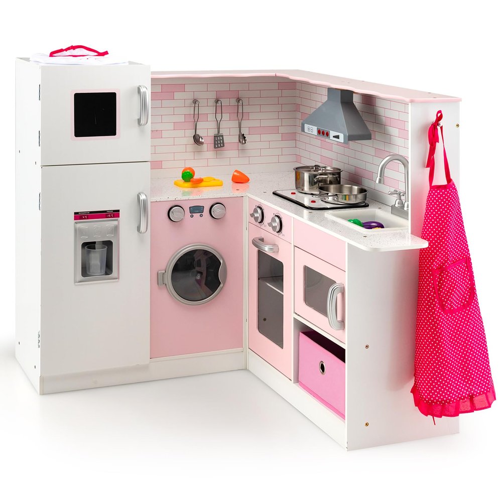 OLAKIDS Kids Corner Kitchen Playset, Pink Wooden Play Kitchen for Toddlers with Lights and Sounds, Washing Machine Range Hood Ice Maker Cookware Apron Hat, Pretend Play Toys Cooking Gift for Girls