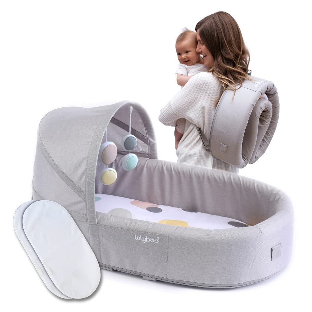 Lulyboo Portable Baby Travel Lounge & Playpen - Indoor/Outdoor Cuddle & Play Baby Bed, Adjustable Backpack, Waterproof, Lightweight, Includes Changing Pads, Plush Toys & Removable Canopy (Bubble)