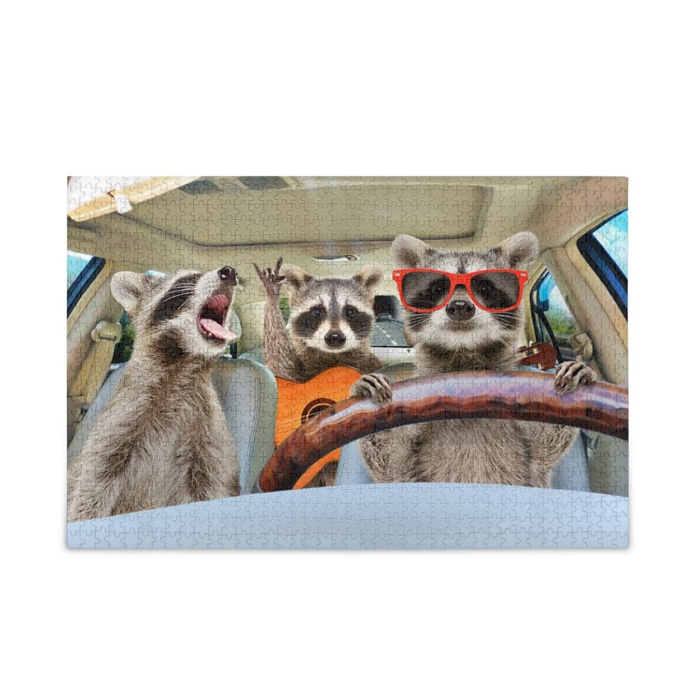 1000 Pieces Jigsaw Puzzles for Adults - Difficult Puzzles for Adults Challenging - Three Raccoons Driving Funny Puzzle for Youth Children Home Decor Large Family Puzzles Game Toys Birthdays Gifts