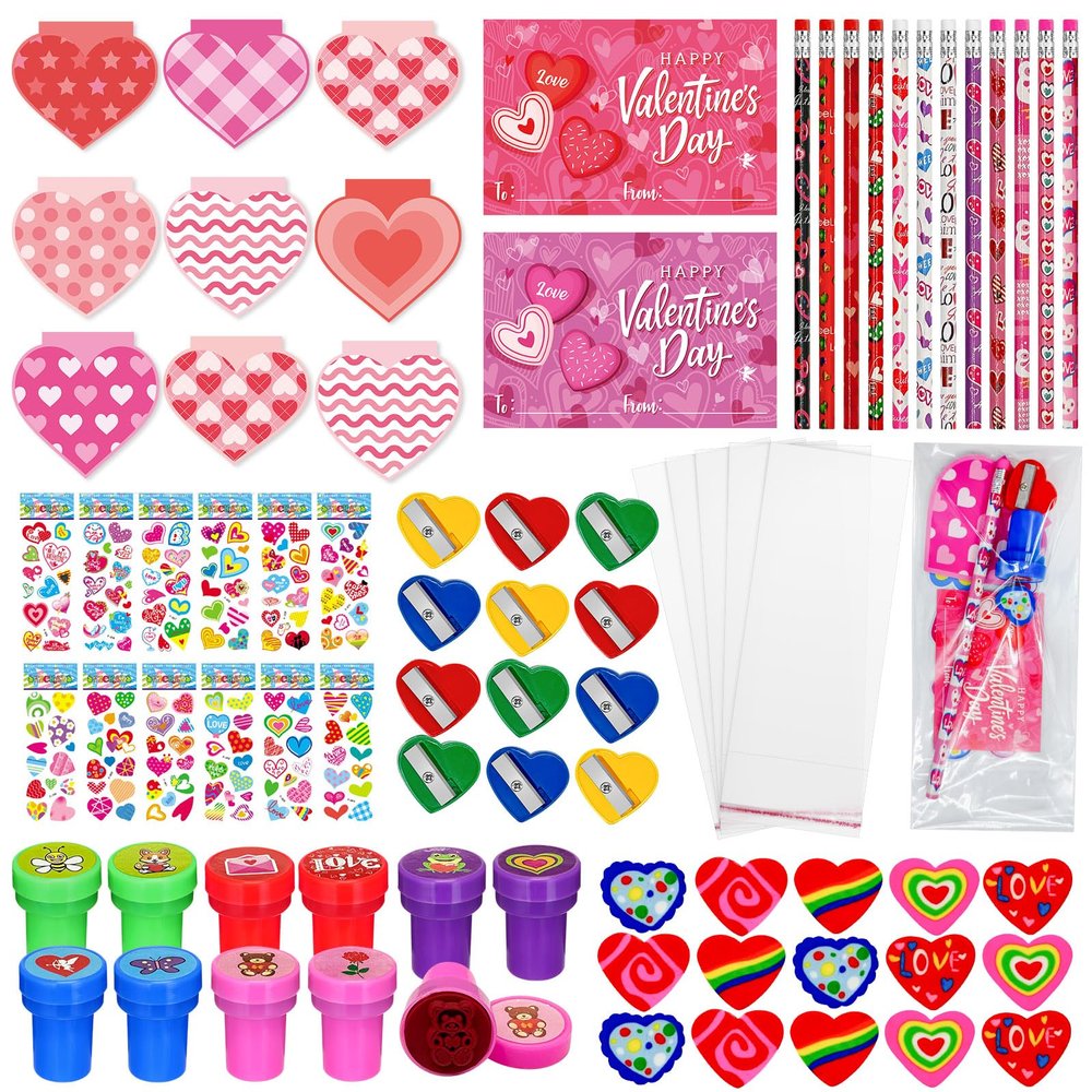 224 Pieces Valentine's Day School Exchange Gifts Valentine School Stationery Set Class Reward Prizes Notebooks Pencils Sharpener Erasers Stickers Stamps for Valentines Goodie Stuffers Party Supplies