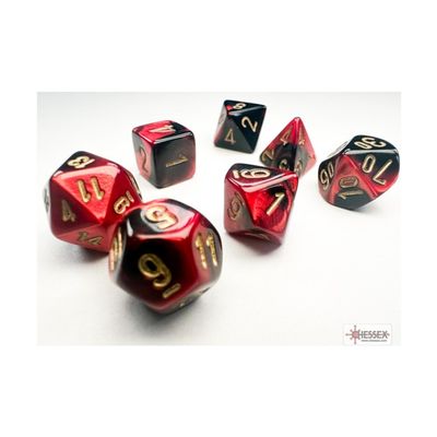 Black and Red Gemini Mini Dice with Gold Colored Numbers 10mm (3/8in) Set of 7 Chessex