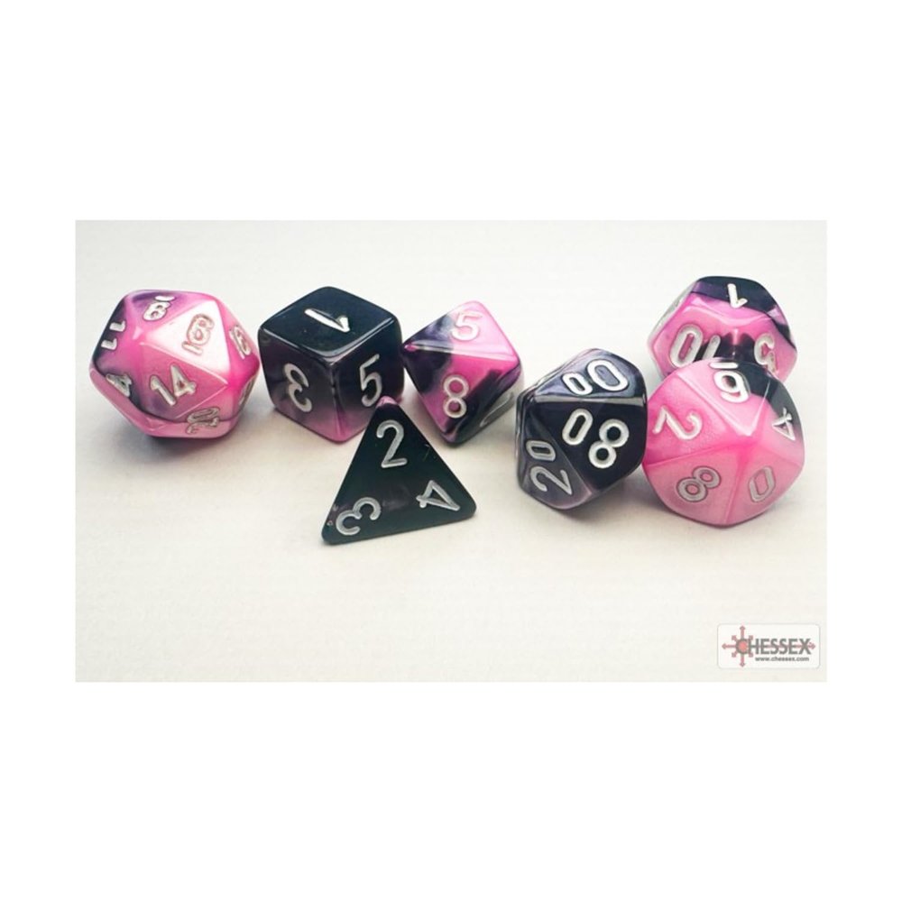 Black and Pink Gemini Mini Dice with White Colored Numbers 10mm (3/8in) Set of 7 Chessex