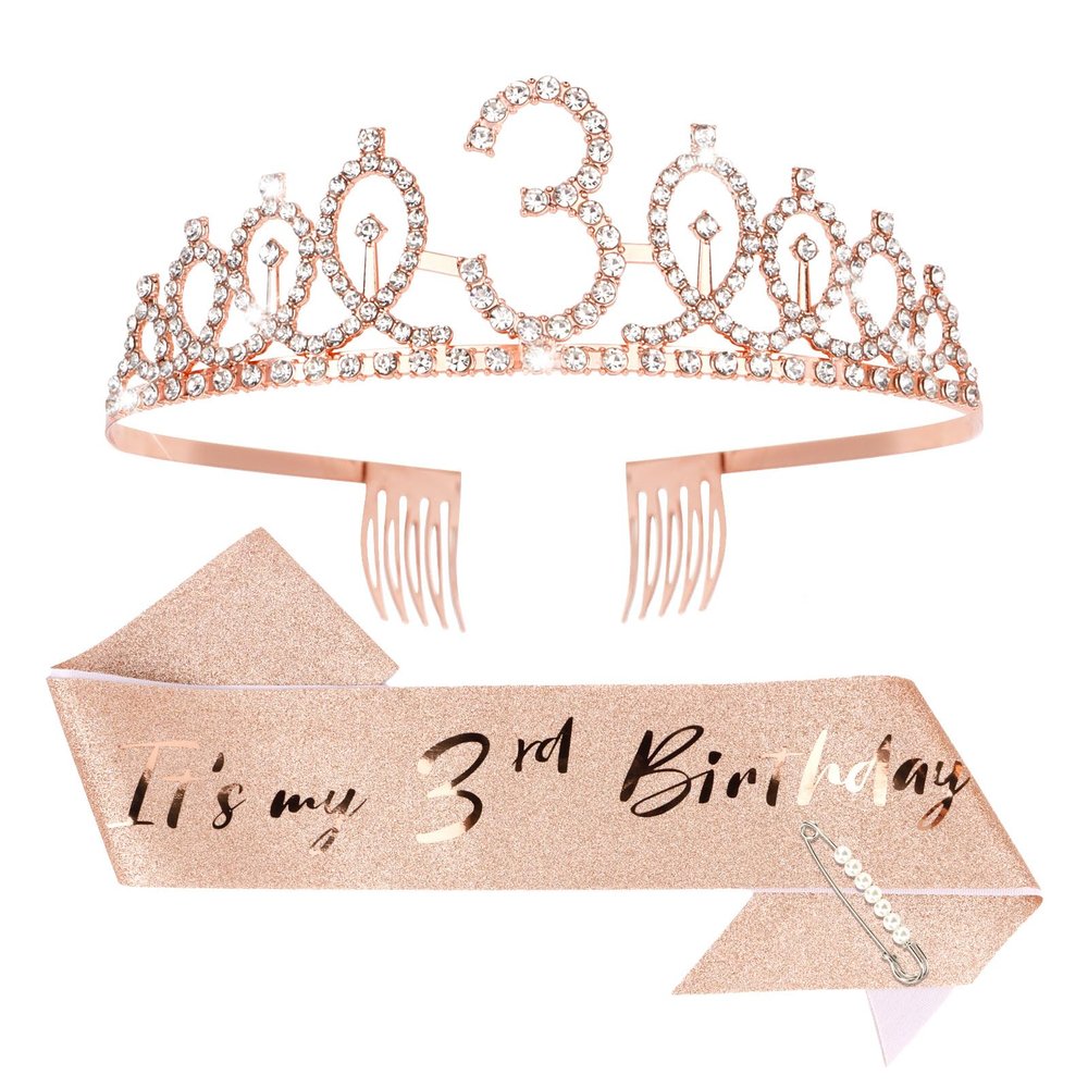 CIEHER 3th Birthday Party Supplies: Crown, Sash, Pearl Pin Set - Decorations for Little Girls' Special Day