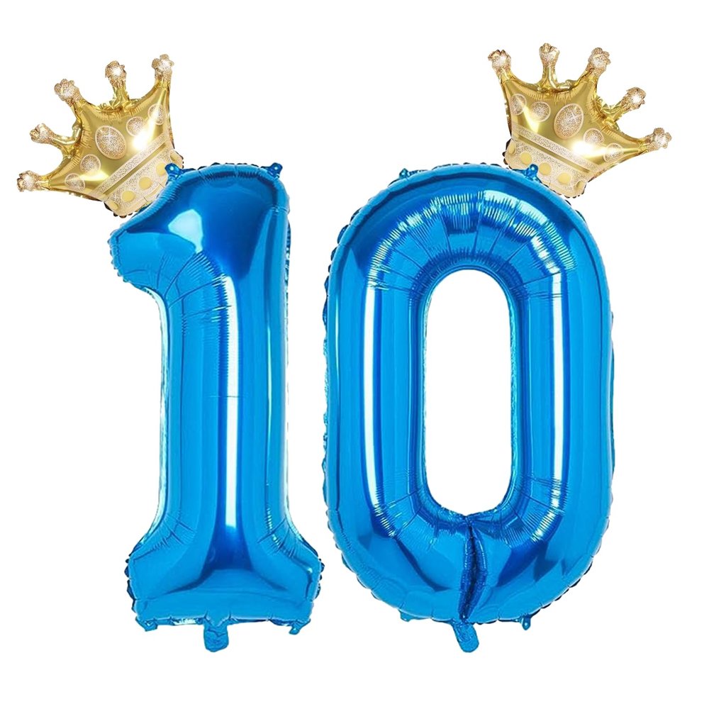 10 Number Balloon Blue 40 inch Big Foil Crown Helium 10th Balloons for 10 Year Old Boy Girl Birthday Party Decorations Wedding Anniversary Events Supplies