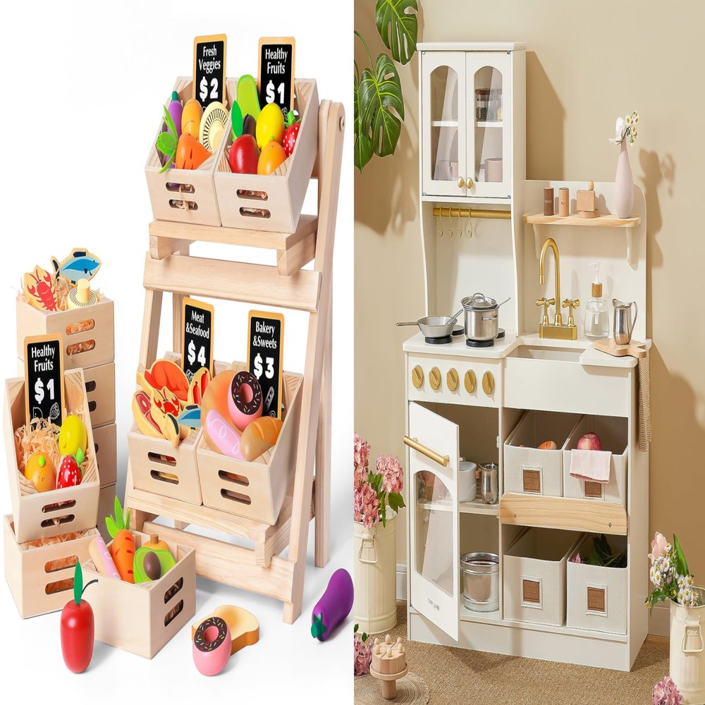 Tiny Land Play Kitchen with Storage System Toys and Kids Coffee Maker Wooden Kitchen Playset for Girls and Boys